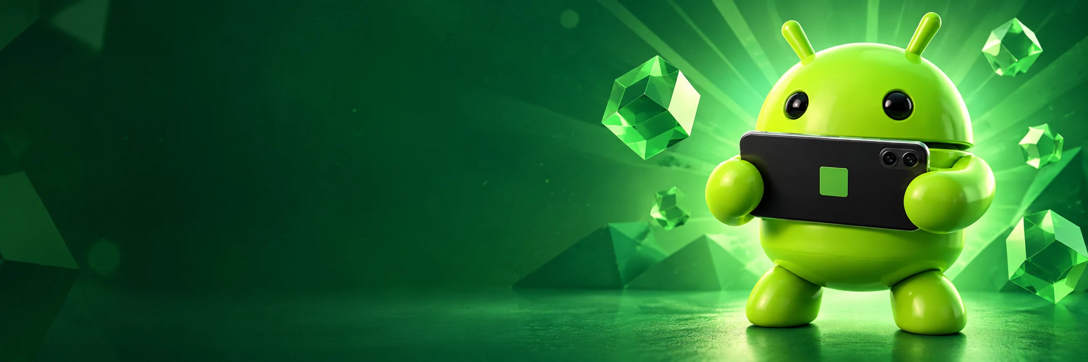 Green Android-style mascot holding a Yono Gamez phone